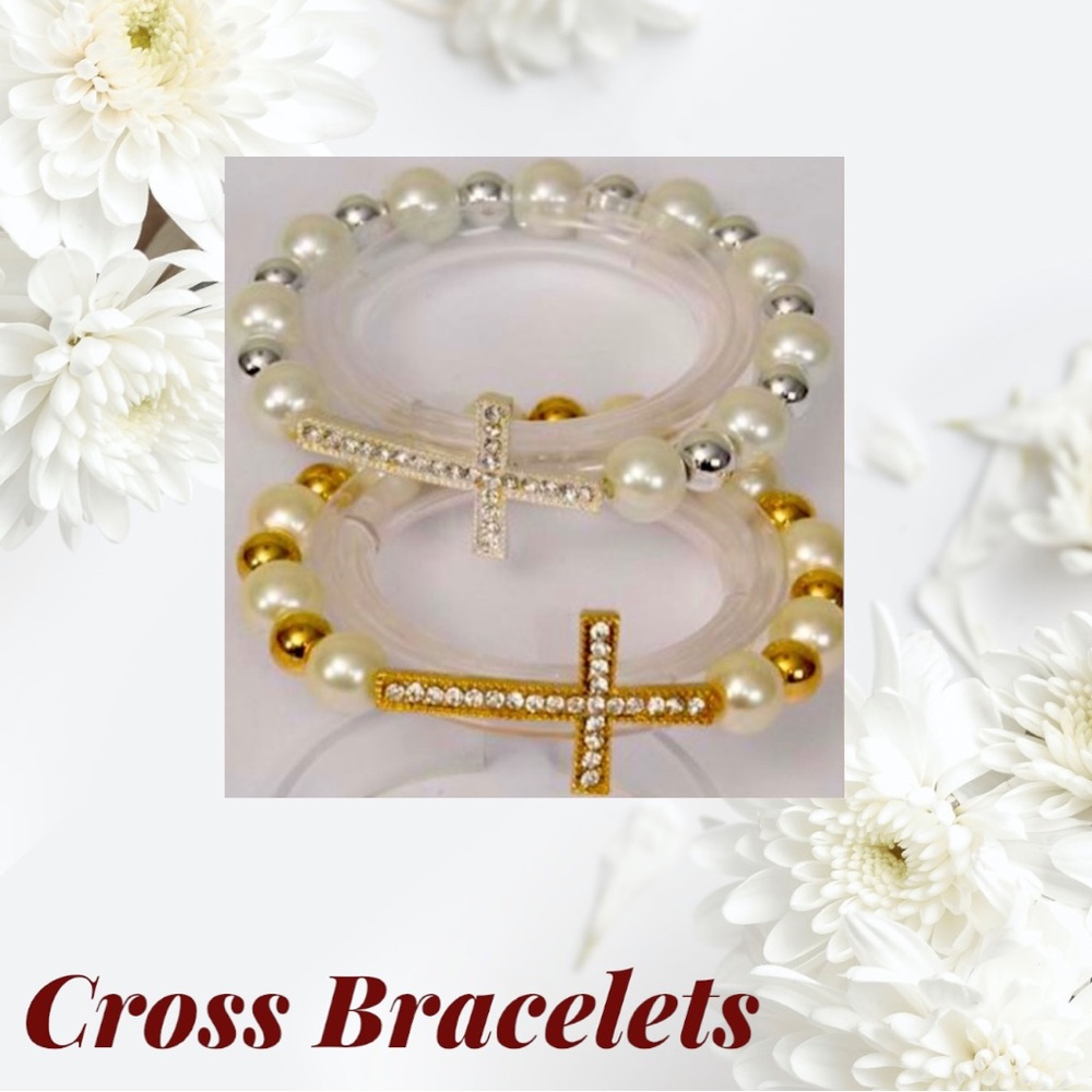 NWT-Faux Pearl & Rhinestone Sideways Cross Stretch Bracelets, Silver & Gold - Picture 1 of 7